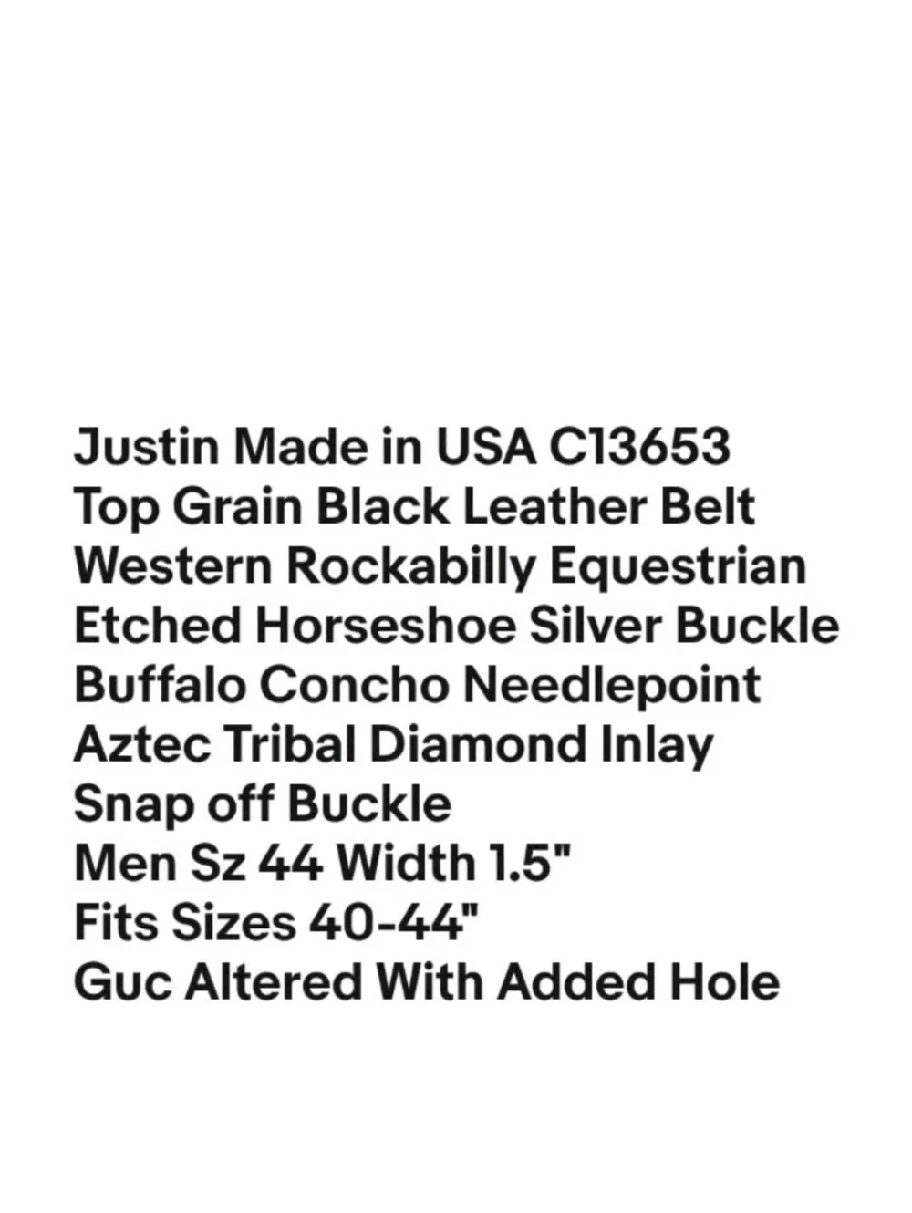 Justin Top Grain Black Leather Aztec Needlepoint Western Belt 40/44 Buffalo Coin